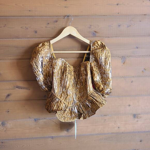 Buddy Love Peplum Bustier Crop Top Chloe Metallic NWT S Renaissance Puff Sleeve - Picture 2 of 6